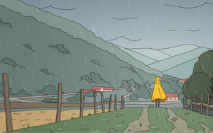 A person in a yellow raincoat walking through rural scenery