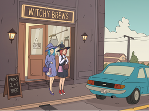 Two witches walking out of a store, blue car parked outside